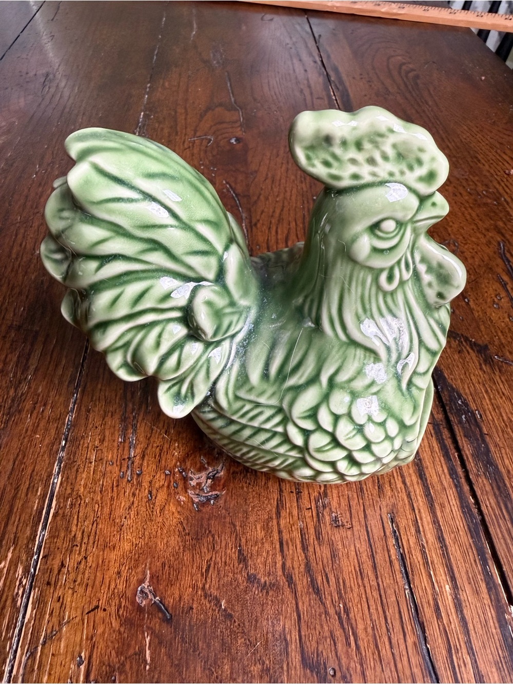 Vintage Green Cracker Barrel Ceramic Kitchen Rooster Figurine Holder